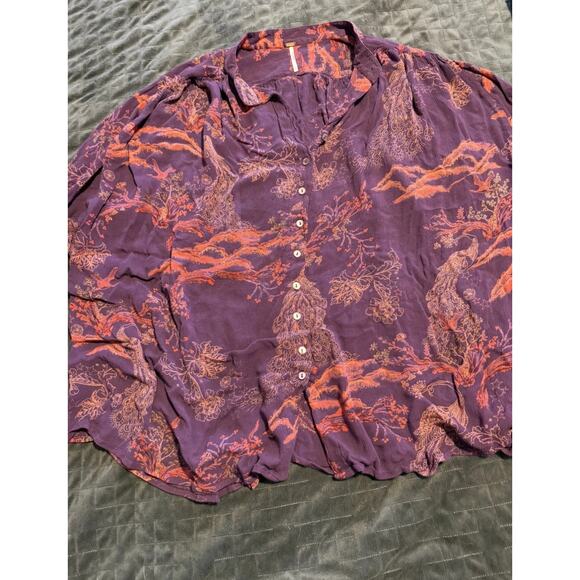 Free People Blouse, Button Down, Oversized, Peacock Print, Purple, Size Small - Picture 6 of 10